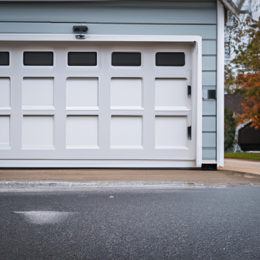Suburban Natick garage door exterior with visible tracks and weather seal on an overcast autumn day.