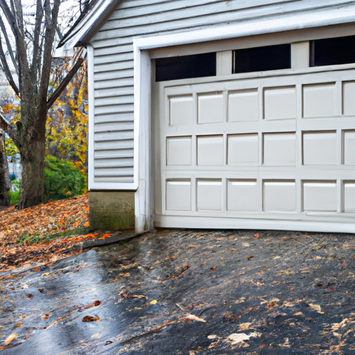 Two-car suburban garage door in Natick, MA with wet pavement and fallen leaves, showing track and weather seal details.