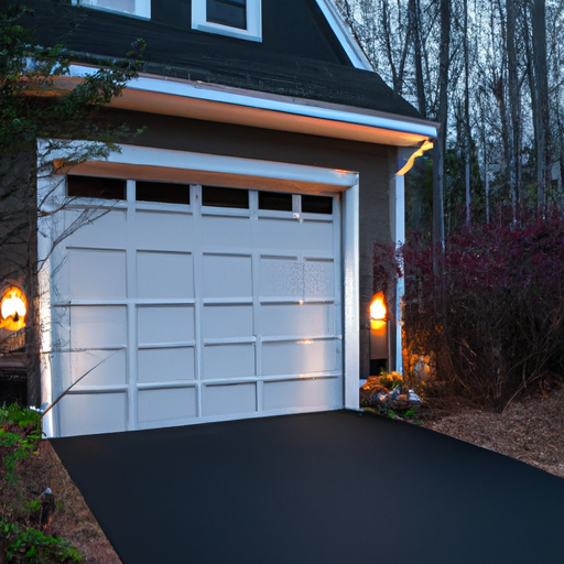 Suburban Natick home with a partially open insulated garage door and visible weather seals at dusk.