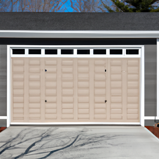 Sectional insulated garage door on a suburban Natick, MA home with paved driveway and maple trees, no people.