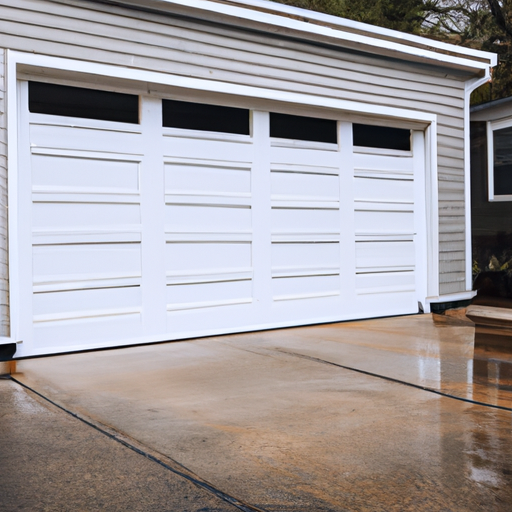 Modern closed residential garage door on a Natick, MA home exterior with wet driveway and clear lighting.