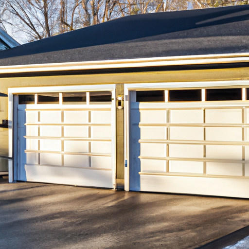 Suburban Natick garage with a modern sectional door partially open, showing tracks and ceiling-mounted opener in soft morning light.