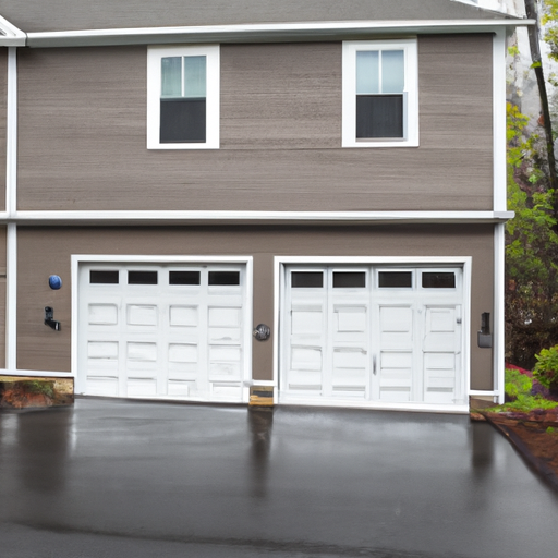 Exterior view of a suburban Natick home with a sectional garage door and visible tracks on a wet driveway.