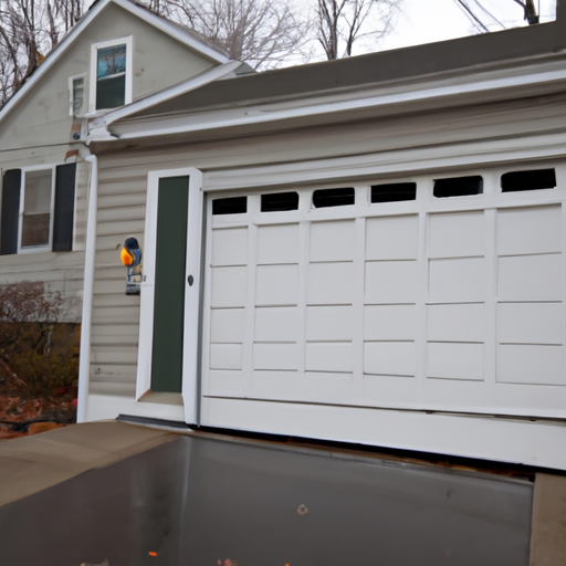 Natick suburban home garage door with visible bottom seal and weatherstripping on an overcast day.