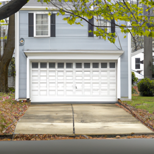 Closed insulated steel garage door on a Natick, MA colonial home with visible weather seals and quiet suburban driveway.