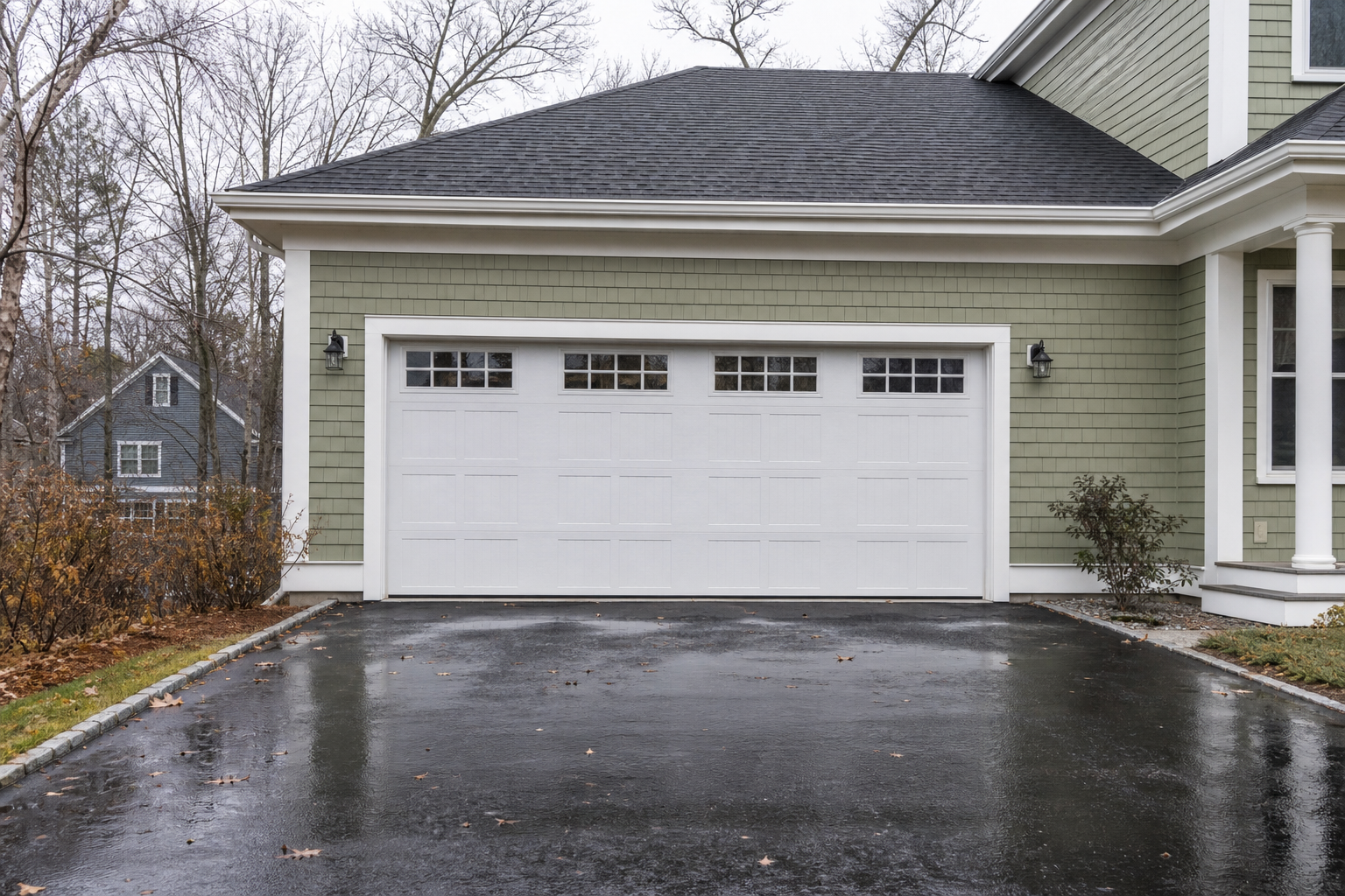 Suburban garage exterior in Natick with a visible closed garage door on a cloudy day